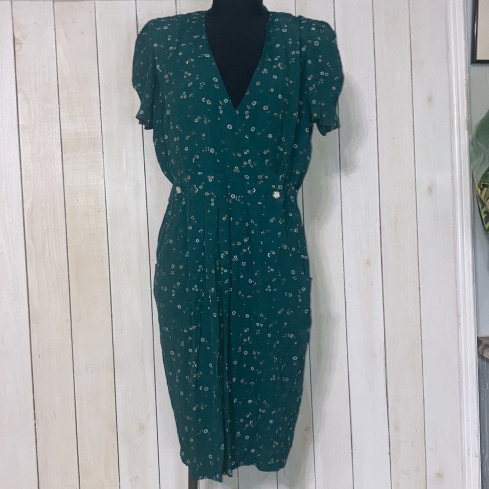 vintage jenny petites grenn floral Fit & Flare Dress with pockets size 10